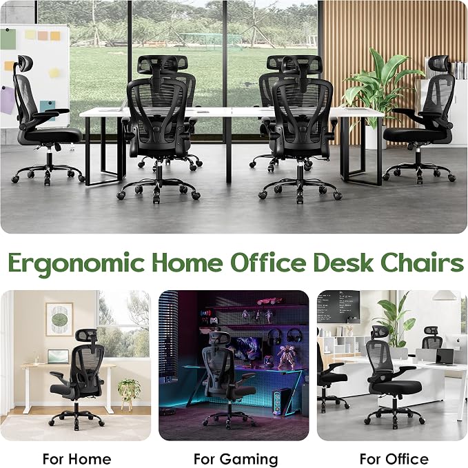Office Chair Ergonomic Desk Chair - Mesh High Back Office Chair with Headrests Wheels Lumbar Support Home Desk Office Chairs Flip up Armrest Executive Rolling Computer Chair Black 2 Pack