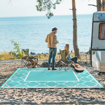 GENIMO 8 ' x 10 ' Outdoor Rug for Patio Clearance, Waterproof Indoor Outdoor Plastic Straw Rugs Carpet, Reversible Outside Area Mat for Camping, Balcony Porch, Deck, Picnic, Beach Aqua Blue & White