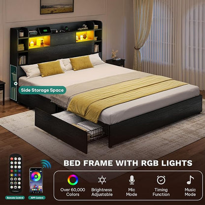 YITAHOME King Size Bed Frame with 51" Tall Bookcase Headboard and 4 Storage Drawers, RGB LED Bed Frame with Type-C & USB Charging Station Headboard Beds, No Box Spring Needed, Noise Free,Antique Black