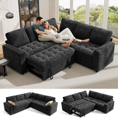 Vipbear 5 Seat L Shaped Modular Sectional Sleeper Sofa Bed with Pull Out Bed/Reclining Backrest/USB Ports/Storage Seat, Sectional Sleeper Couch, Tool-Free Assembly, Chenille Black