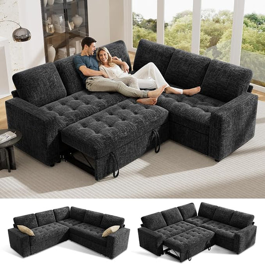 Vipbear 5 Seat L Shaped Modular Sectional Sleeper Sofa Bed with Pull Out Bed/Reclining Backrest/USB Ports/Storage Seat, Sectional Sleeper Couch, Tool-Free Assembly, Chenille Black