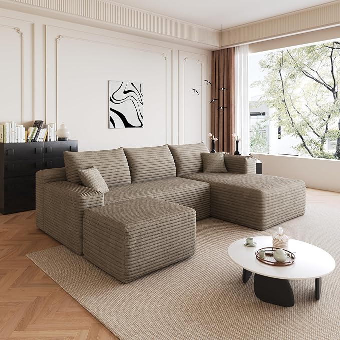 95" Cloud Boneless Sectional Sofa Couch with Chaise Lounge and Ottoman, Modern Corduroy Right Facing Modular Sectional Sofa Compressed Corner Couch with Deep Seat, No Assembly Required