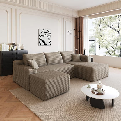 95" Cloud Boneless Sectional Sofa Couch with Chaise Lounge and Ottoman, Modern Corduroy Right Facing Modular Sectional Sofa Compressed Corner Couch with Deep Seat, No Assembly Required