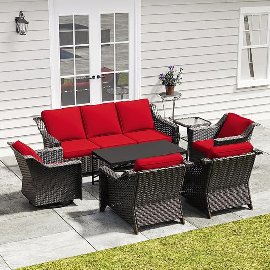 7 Pieces Outdoor Conversation Furniture Set - 77" Patio Sofa, 2 Armchairs, 2 Swivel Glider Chairs, 1 Side Table, 1 Metal Table, Patio Wicker Couch with Washable Cushions for Porch (Red)