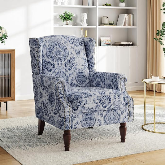 Pia Ricco High Back Floral Accent Chair - Retro Wingback Upholstered Armchair with Nailhead Trim, Solid Wood Legs, Fabric Living Room Bedroom Reading Chair (Flower Navy)