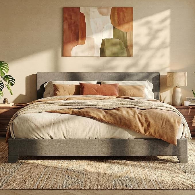 SHA CERLIN Linen Upholstered King Size Bed Frame with Headboard, Dark Gray | Adjustable Low-Profile Platform Bed, Minimalist Design, Stable Mattress Foundation, Strong Back-Support, No Box Spring Needed
