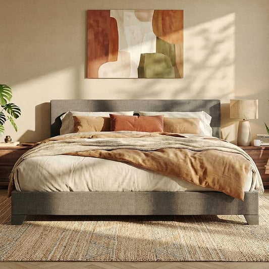 SHA CERLIN Linen Upholstered King Size Bed Frame with Headboard, Dark Gray | Adjustable Low-Profile Platform Bed, Minimalist Design, Stable Mattress Foundation, Strong Back-Support, No Box Spring Needed