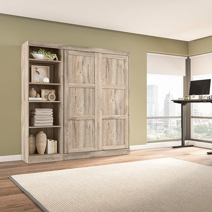 Bestar Pur Full Murphy Bed with Shelving Unit, 84-inch Space-Saving Sleeping Arrangement for Multipurpose Room in Rustic Brown