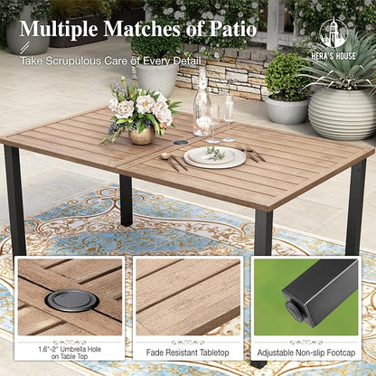 HERA'S HOUSE Patio Table and Chairs for 6, 7 Pieces Outdoor Deck Dining Sets, Wood-Like Rectangular Metal Table Set with Chairs for Lawn Garden Backyard, Blue