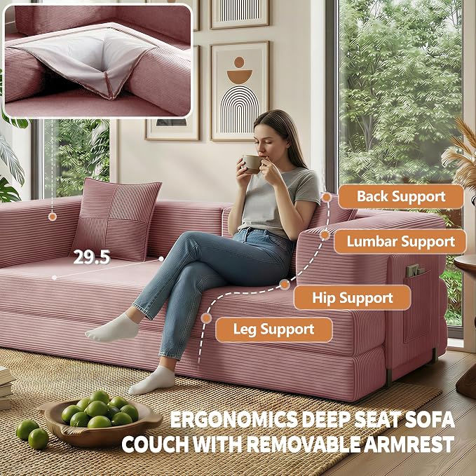 78.8" Convertible Sofa Bed with Armrest Pillow, 4-in-1 Sleeper Couch Bed for Livingroom, Modular Corduroy Boneless couches, No Assembly (Pink)