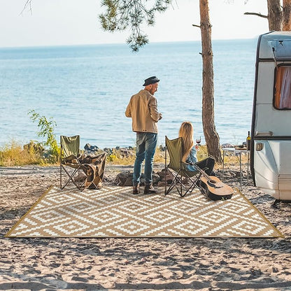 GENIMO Outdoor Rug for Patio Clearance, 6'x9' Waterproof Camping Mat, Reversible Plastic Straw Rugs for RV, Camper, Balcony, Backyard, Picnic, Deck (Brown & White)