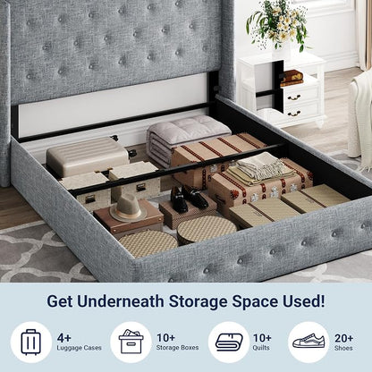 Allewie Queen Size Lift Up Storage Bed, Button Tufted Headboard with Wingback, Hydraulic Support, No Box Spring Needed, Grey Blue