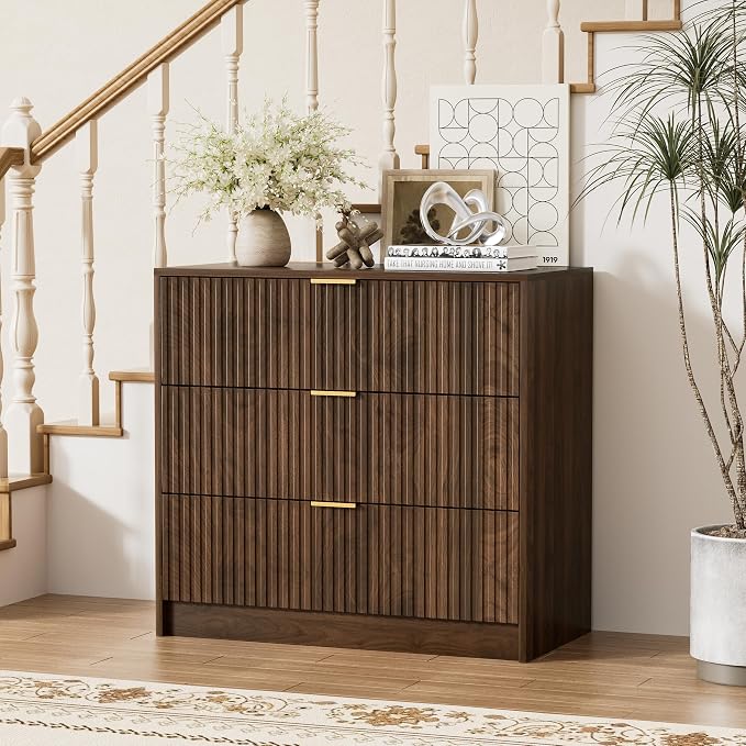 Furniway 3 Piece Bedroom Set, 6 Drawer Dresser and 3-Drawer Nightstand Set of 2 with Gold Handles, Mid-Century Modern Wood Chest of Drawers Storage Cabinet for Bedroom, Walnut