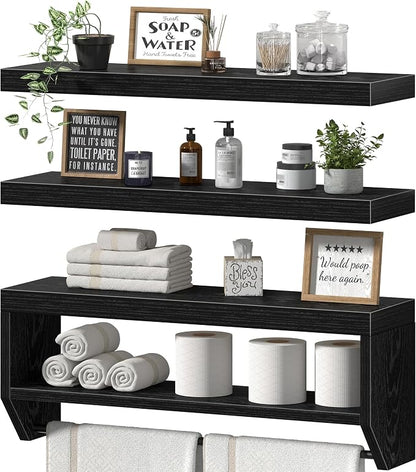 QEEIG Bathroom Floating Shelves for Wall - Shelf Over Toilet Paper Storage Farmhouse 32 inch Long Set of 3, Black (028-80B3)