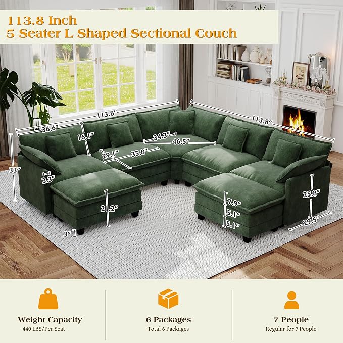 113.8" Modular Sectional Sofa,Cloud Couch for Living Room,Modern Deep Seat Sofa 5 Seater Chenille Fabric Comfy L Shaped Couches with Throw Pillows & Movable Ottoman for Apartment