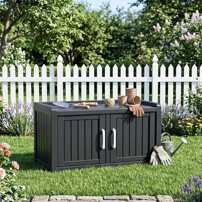 ROJIK Shoe Bench Waterproof UV-Resistant, 2-Tier Storage Cabinet for Outdoor Indoor with Adjustable Shelves, for Entryway Bedroom, Hallway, Living Room(Double Door Premium,Black)