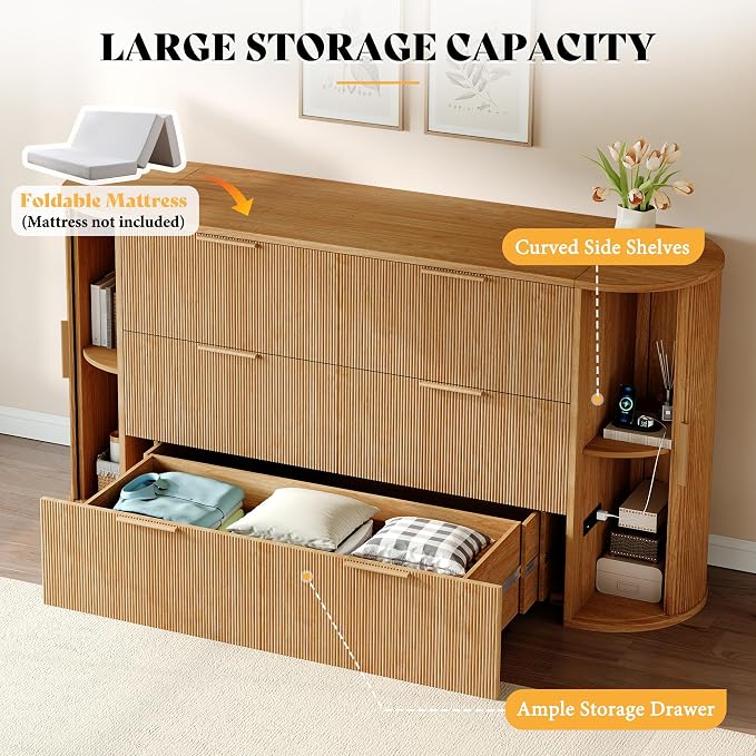 AMERLIFE Full Murphy Bed with Storage Bedside Shelves & Sliding Tambour Door, Modern Cabinet Bed with Charging Station & Curved Fluted Design for Bedroom/Guest/Home Office, Natural Oak
