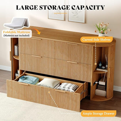 AMERLIFE Queen Murphy Bed with Storage Bedside Shelves & Sliding Tambour Door, Modern Cabinet Bed with Charging Station & Curved Fluted Design for Bedroom/Guest/Home Office, Natural Oak
