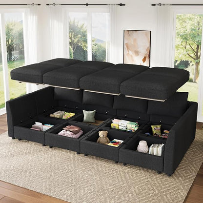HONBAY Modular Sofa Sectional Sleeper Couch with Storage Seat Reversible Sectional Sleeper Couch Modular Sofa - Linen Grey
