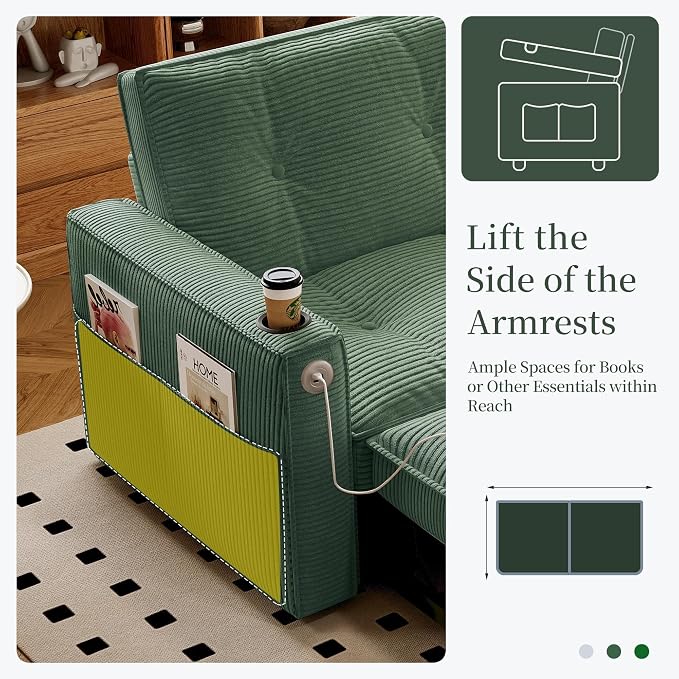 73.2'' Futon Sofa Bed Full Size, Pre-Assembled Pull Out Couch, Adjustable Backrest, Corduroy Convertible Sleeper Sofa, 2 Cup Holders, Pockets, USB, Loveseat for Living Room, Apartment, Green | Soft Material