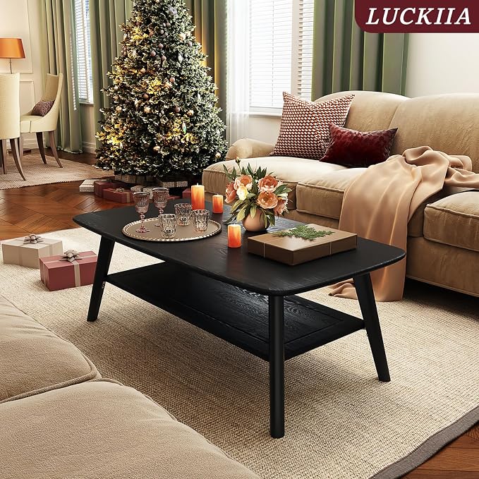 Coffee Table Small Solid Wood Center Table Mid Century Vintage Living Room Coffee Table, (Black 47.24 Inch)