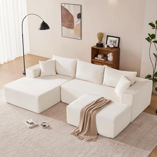 Mangodan 110” Cloud Sectional Couch, Modular Sectional Sofa with Deep Seat, Boneless Sofa for Living Room, Fluffy Comfy U-Shaped Couch with Left Facing Chaise, No Assembly Required, Beige
