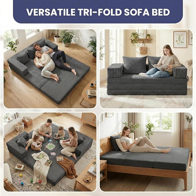 Convertible Sofa Bed, 4-in-1 Boneless Loveseat with Removable Armrests Backrest, Corduroy Futon Couch Bed with Pillow, Foldable Mattress Sleeper Sofa for Living Room Bedroom Small Place (Grey)
