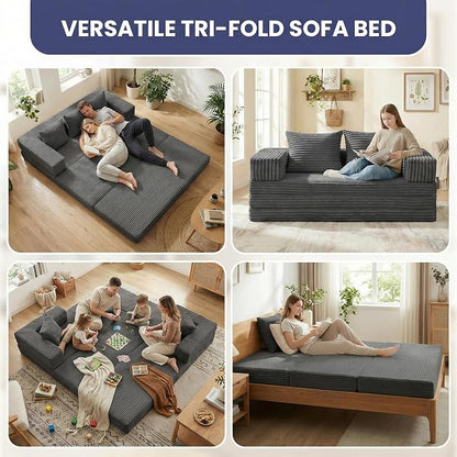 Convertible Sofa Bed, 4-in-1 Boneless Loveseat with Removable Armrests Backrest, Corduroy Futon Couch Bed with Pillow, Foldable Mattress Sleeper Sofa for Living Room Bedroom Small Place (Grey)