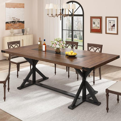 Hlivelood Dining Table for 6 8 People,Rectangular Kitchen Farmhouse Table W/Waterproof Wood Tabletop,Long Dining Room Tables W/Wood Strip Base for Kitchen Living Room(78IN BR&BK)