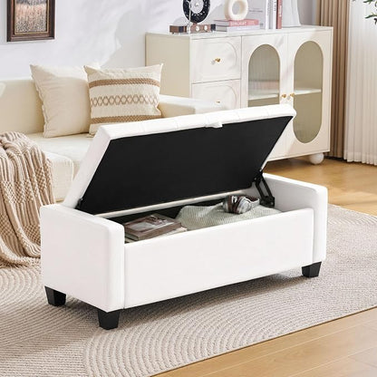 Huatean Home 43" Ottoman with Storage, White Storage Ottoman Bench with Safety Hinge, Upholstered Entryway Bench with Seating for Bedroom, Living Room, Holds up to 330 lb