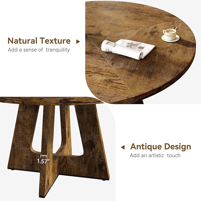 GAOMON 47 Inch Round Dining Table for 4-6 People, Circle Dinner Table with Wooden Cross Pedestal Base, Farmhouse Kitchen Furniture for Dining Room, Living Room, Kitchen (Table Only) - Rustic Brown