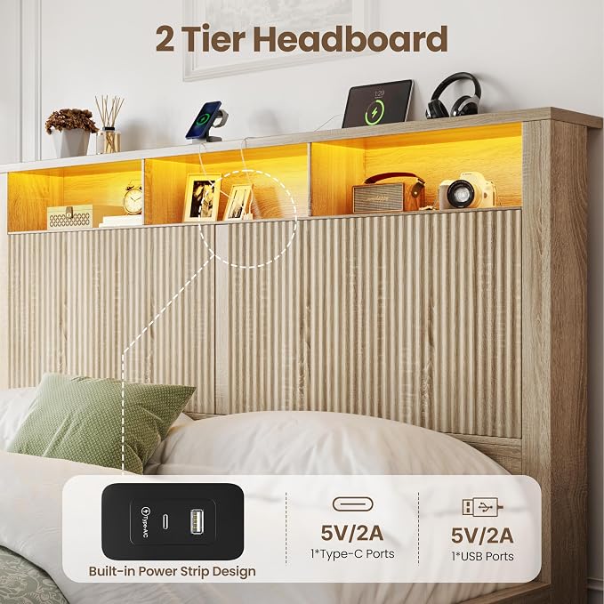 CypBed Queen Size Bed Frame with Headboard and Storage Drawers, Queen Bed Frame with LED Light and Charging Port, Farmhouse Wavy Design, Wood & Metal Platform, Noise-Free, No Box Spring Needed, Wood