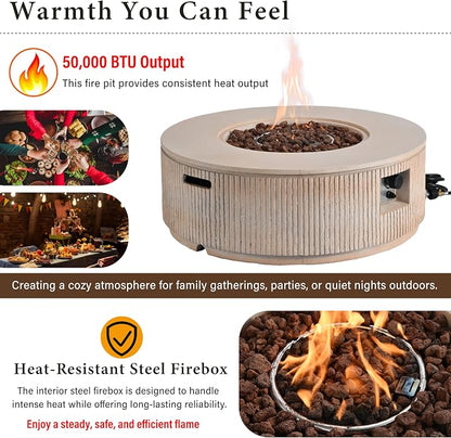 Merax 38.19'' MGO Propane Outdoor Fire Pit with Vertical Stripe Design, 50000 BTU Round Fire Pit Table with Steel Burner, Adjustable Flame Control, Lava Rocks & Rain Cover for Patio&Backyard, Brown
