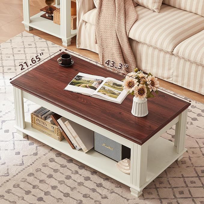SAVOR LIFE Farmhouse Coffee Table Set of 3, Rustic Wood 3 Piece Coffee and End Table Sets with Open Shelf for Living Room, White
