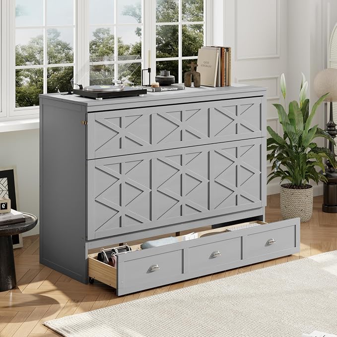 Bellemave Queen Size Murphy Bed, Cabinet Bed with Charging Station and Storage, Farmhouse Murphy Cabinet with Foldable Panel, for Bedroom,Office, Brushed Gray