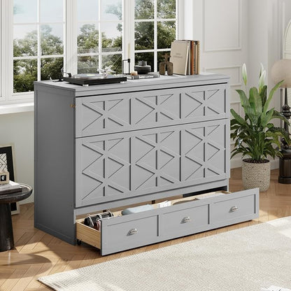 Bellemave Queen Size Murphy Bed, Cabinet Bed with Charging Station and Storage, Farmhouse Murphy Cabinet with Foldable Panel, for Bedroom,Office, Brushed Gray