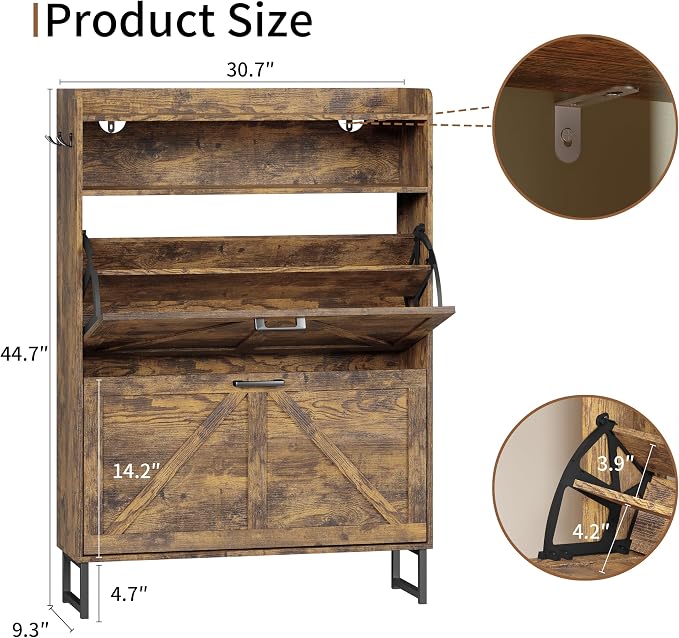 Shoe Cabinet with 2 Flip Drawers, Freestanding Hidden Shoe Storage Organizer for Entryway, Narrow Slim Shoe Rack Cabinet with Open Storage & Hooks for Front Door Entrance, Living Room, Hallway, Brown