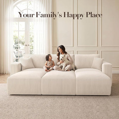 Modular Sectional Sofa Bed with Chaise, 115" Memory Foam Cloud Couch, Boneless Corduroy Upholstered Floor Couch, No Assembly Required Living Room Furniture for Apartment Home, Beige