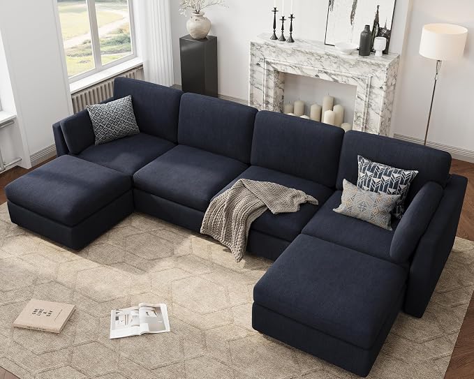 Oversized Modular Sectional Sofa U-Shaped Cloud Couches Blue | 150'' Deep Seat Couch for Living Room, 6-Seater Luxury Corner sofa with Ottoman, Solid Wood Frame, Removable Washable Cover
