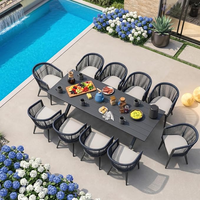 PURPLE LEAF Patio Dining Set for 10 All-Weather Wicker 11 Piece Aluminium Outdoor Table and Chairs Set Included Cushions for Backyard Indoor Decor Kitchen Modern Outdoor Furniture Set Grey and Navy