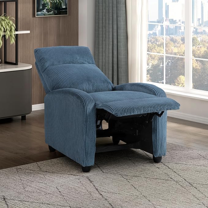 Lexicon Corduroy Pushback Recliner Chair Armchair Push Back Recliner, Solid Wood Frame and Metal Base, Easy Assembly Small Soft Single Sofa Accent Chair for Living Room/Office/Apartment, Midnight Blue
