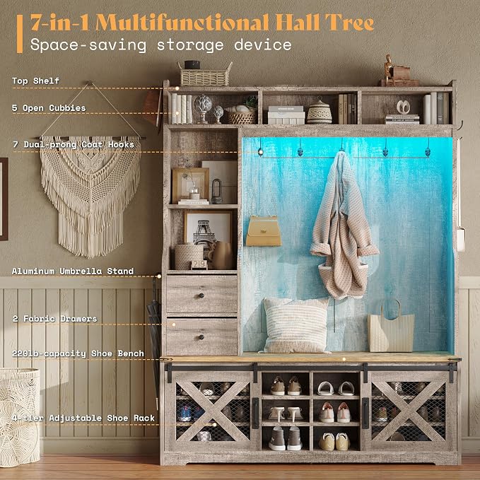 AMERLIFE 75"H 7-in-1 Farmhouse Hall Tree with Bench and shoe storage, LED Entryway Bench with Coat Rack, 12 Shoe Cubbies, 2 Drawers, Barn Doors & Adjustable Shelf, Mudroom Hallway Cabinet, Rustic Grey