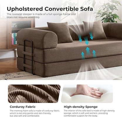 79" 5-in-1 Convertible Sofa Bed No Assembly, Boneless Couch Bed with High Density Foam, Foldable Sleeper Sofa, Corduroy Modular Couch for Apartment, Studio, Dorm Room, Small Space, Brown