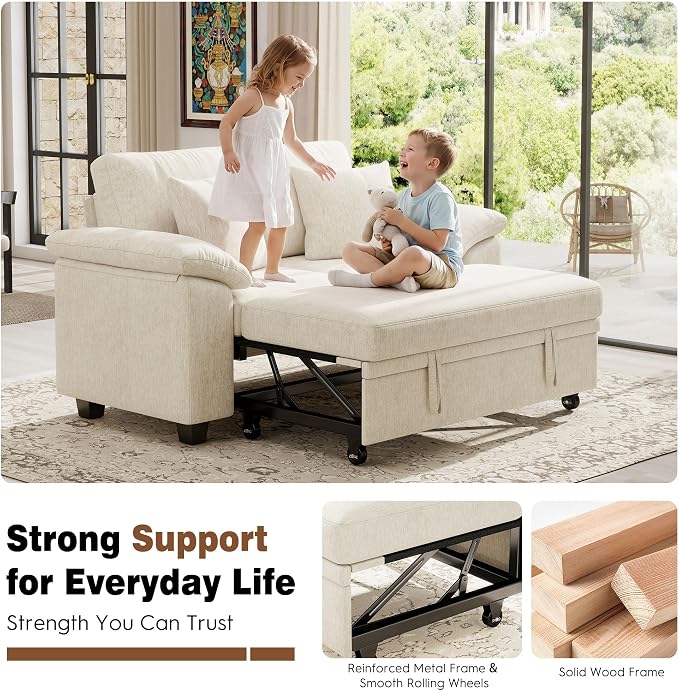 Ihanherry 61" Loveseat Sleeper Sofa, 2-in-1 Pull Out Couch Bed with 2 Pillows, Chenille Convertible Sofa Bed, Small Space Sleeper Couch for Living Room Apartment (Beige)