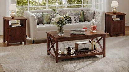 ChooChoo Farmhouse Nightstand Set of 2,Night Stand with Charging Station, Wooden Top Bedside End Table with Drawer and Storage Space for Bedroom, Walnut