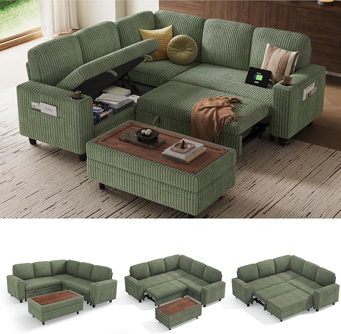 LINSY HOME Sectional Sleeper Sofa with Pull Out Couch Bed for Living Room (Green) | Plush Corduroy