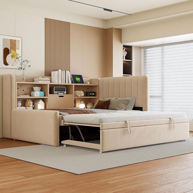 Merax Modern Upholstered Platform Bed Frame with USB Ports & Trundle Bed, Floor Sofa Day Bed with Storage Shelves, No Box Spring Needed/Easy Assemble/Twin, Beige