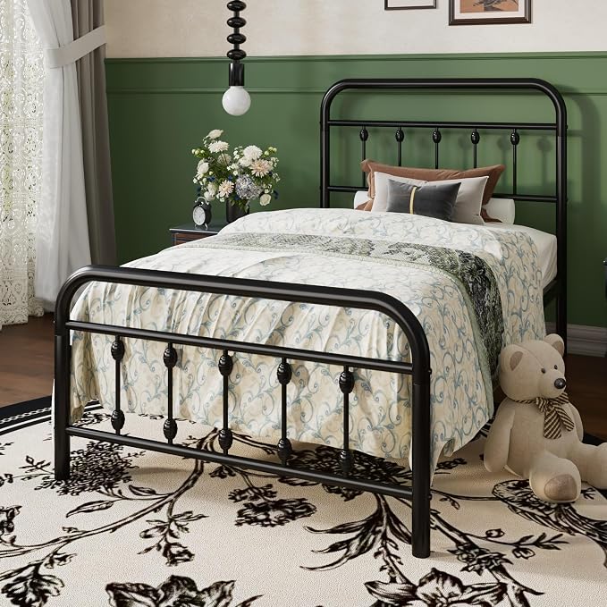 SHA CERLIN Twin Size Metal Platform Bed Frame with Victorian Style Iron-Art Headboard and Footboard, Easy Assembly, Under Bed Storage, No Box Spring Required, Black
