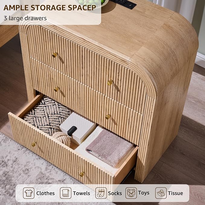 T4TREAM Fluted Dresser with 3 Drawers, 32" Tall Modern Chest of Drawers with Thickened Curved Profile Design, Wood Closet Clothes Storage Organizer for Bedroom, Living Room, Hallway, Natural Oak