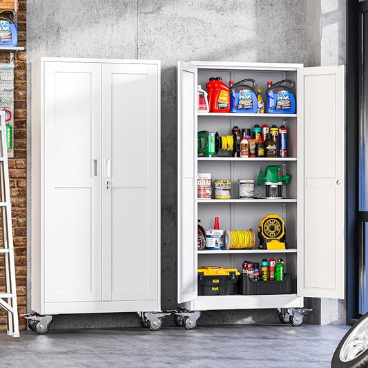 Metal Garage Storage Cabinet with Wheels, 70.9" H x 29.9" W x 15" D, Lockable Rolling Steel Tool Cabinet with Adjustable Shelves, Heavy Duty Garage Cabinet for Workshop, Basement, Home, White
